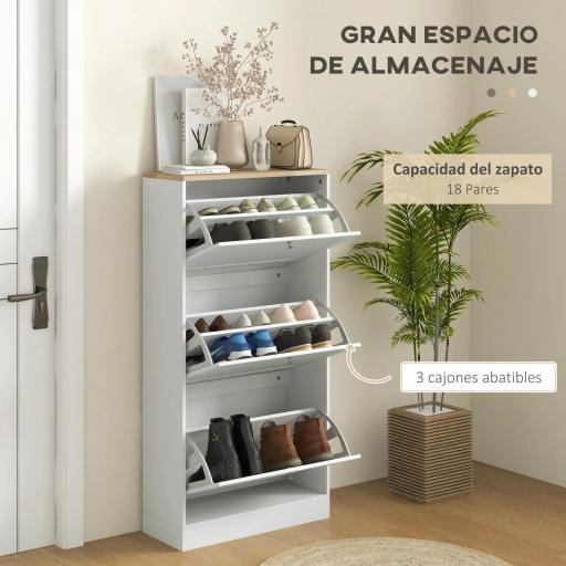 Mueble Zapatero Moderno con 3 Cajones Abatibles y Estantes Ajustables para 18 Pares de Zapatos 60x23,5x115 cm Blanco [6]