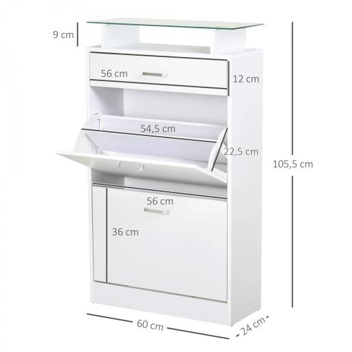 Organizador de Zapatos Multifuncional Zapatero con 3 Cajones Estante de Vidrio Asa de Aluminio para Pasillo Tablero de Partículas Carga 50 kg 60x24x105,5 cm Blanco [1]