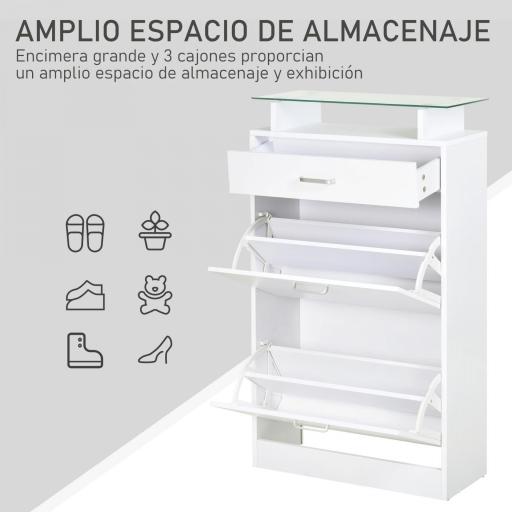 Organizador de Zapatos Multifuncional Zapatero con 3 Cajones Estante de Vidrio Asa de Aluminio para Pasillo Tablero de Partículas Carga 50 kg 60x24x105,5 cm Blanco [2]