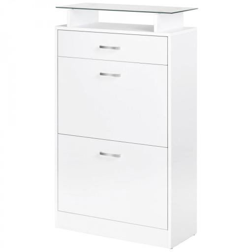 Organizador de Zapatos Multifuncional Zapatero con 3 Cajones Estante de Vidrio Asa de Aluminio para Pasillo Tablero de Partículas Carga 50 kg 60x24x105,5 cm Blanco [9]