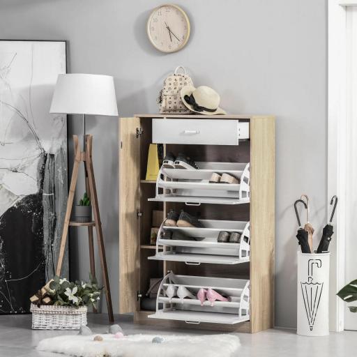 Mueble Zapatero de 3 Puertas para 18-27 Pares de Zapatos Zapatero Moderno con Cajón y Puerta 84x30x132 cm Natural