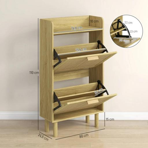 Mueble Zapatero Estilo Bohemio con 2 Cajones Abatibles y 1 Estante Abierto para 18 Pares de Zapatos 80x24,5x110 cm Roble [1]