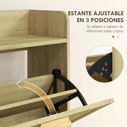 Mueble Zapatero Estilo Bohemio con 2 Cajones Abatibles y 1 Estante Abierto para 18 Pares de Zapatos 80x24,5x110 cm Roble [4]