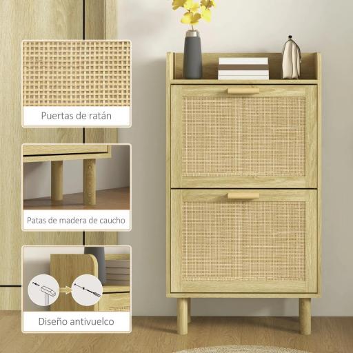 Mueble Zapatero Estilo Bohemio con 2 Cajones Abatibles y 1 Estante Abierto para 18 Pares de Zapatos 80x24,5x110 cm Roble [3]