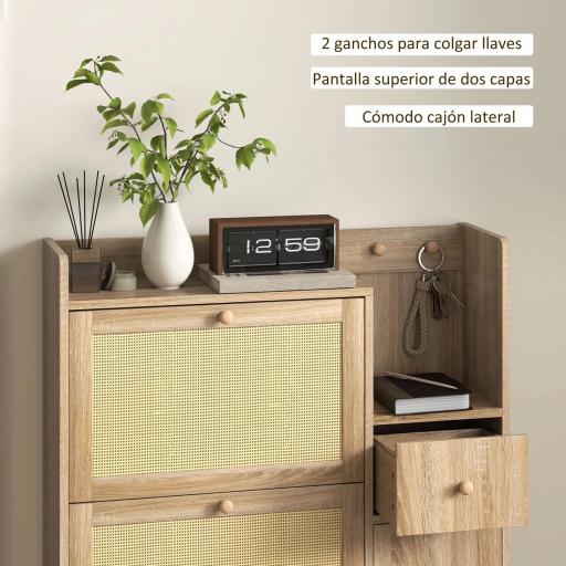 Zapatero con 3 Cajones Abatibles con Frentes de Ratán Cajón y Armario para Decoraciones y Llaves 80x23x120 cm Roble [4]