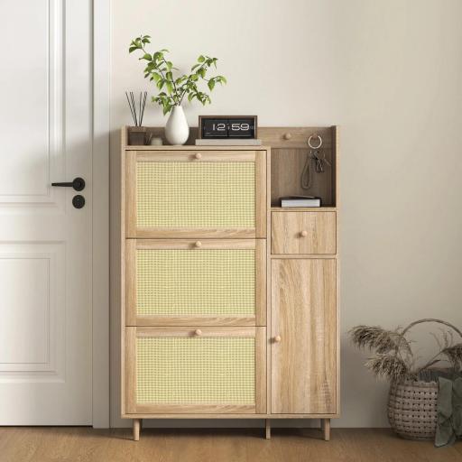 Zapatero con 3 Cajones Abatibles con Frentes de Ratán Cajón y Armario para Decoraciones y Llaves 80x23x120 cm Roble [7]