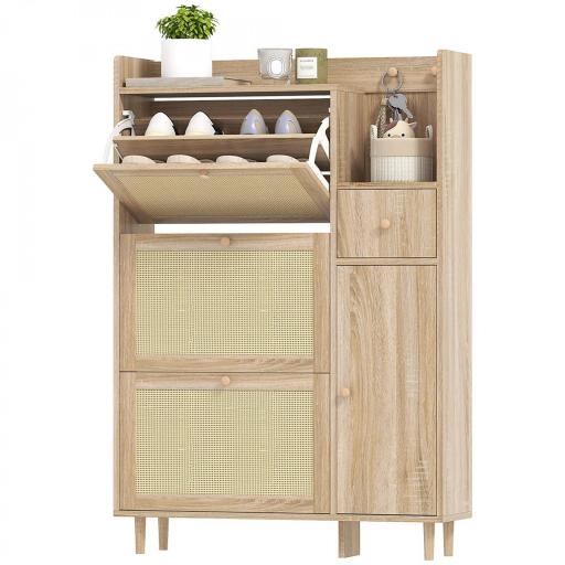 Zapatero con 3 Cajones Abatibles con Frentes de Ratán Cajón y Armario para Decoraciones y Llaves 80x23x120 cm Roble [8]