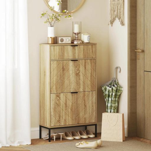 Zapatero Estrecho con 2 Puertas Cajón y Estantes Ajustables para 8 Pares de Zapatos 60x24x105,5 cm Roble