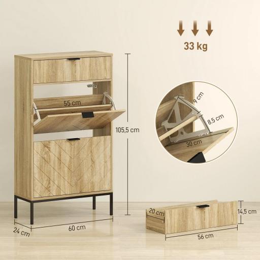 Zapatero Estrecho con 2 Puertas Cajón y Estantes Ajustables para 8 Pares de Zapatos 60x24x105,5 cm Roble [1]