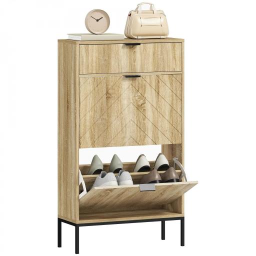 Zapatero Estrecho con 2 Puertas Cajón y Estantes Ajustables para 8 Pares de Zapatos 60x24x105,5 cm Roble [8]