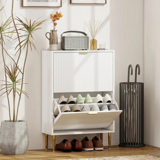 Zapatero Estrecho con 2 Puertas Acanaladas con Estantes Ajustables para 12 Pares de Zapatos 60x24x91,5 cm Blanco