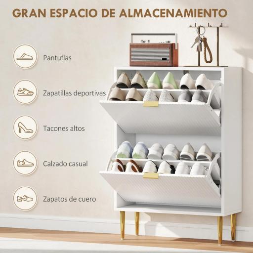 Zapatero Estrecho con 2 Puertas Acanaladas con Estantes Ajustables para 12 Pares de Zapatos 60x24x91,5 cm Blanco [2]