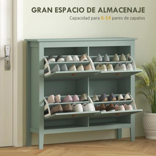 Zapatero Estrecho con 4 Compartimentos y Tiradores de Cuero PU para Pasillo y Recibidor 105x24x95,5 cm Verde Claro [3]