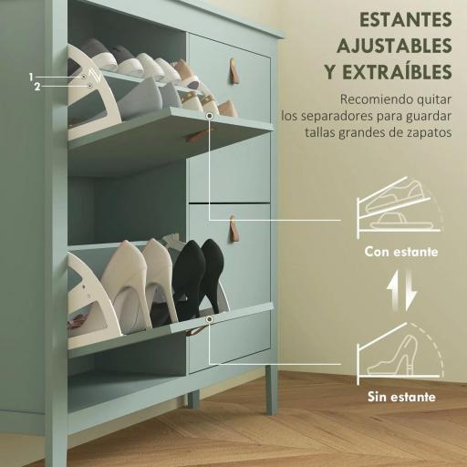Zapatero Estrecho con 4 Compartimentos y Tiradores de Cuero PU para Pasillo y Recibidor 105x24x95,5 cm Verde Claro [2]