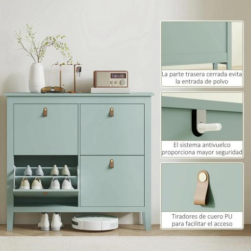 Zapatero Estrecho con 4 Compartimentos y Tiradores de Cuero PU para Pasillo y Recibidor 105x24x95,5 cm Verde Claro [5]