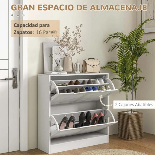 Zapatero de Entrada Recibidor con 2 Cajones Abatibles y Estantes Ajustables para 16 Pares de Zapatos 81,5x25x83cm Blanco [2]