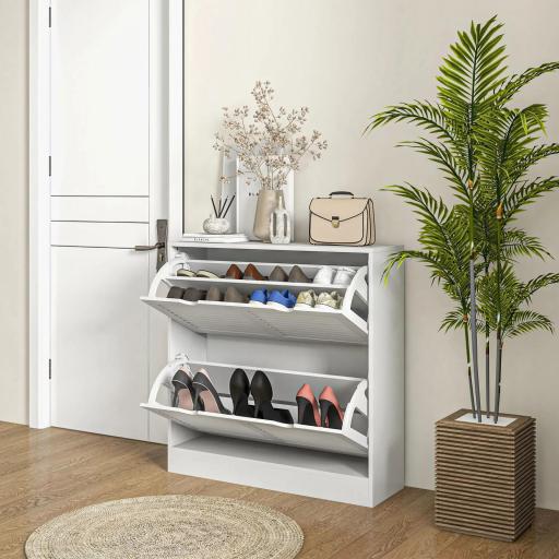 Zapatero de Entrada Recibidor con 2 Cajones Abatibles y Estantes Ajustables para 16 Pares de Zapatos 81,5x25x83cm Blanco [5]