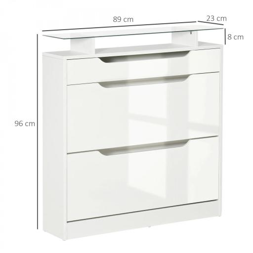 Mueble Zapatero de 2 Puertas Zapatero Estrecho para 16 Pares de Zapatos con Cajón Estante Abierto y Encimera de Vidrio para Pasillo Entrada 89x23x96 cm Blanco [1]