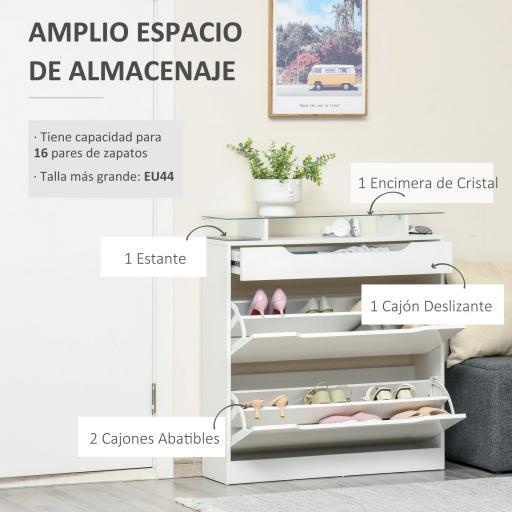 Mueble Zapatero de 2 Puertas Zapatero Estrecho para 16 Pares de Zapatos con Cajón Estante Abierto y Encimera de Vidrio para Pasillo Entrada 89x23x96 cm Blanco [2]