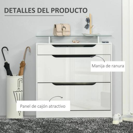 Mueble Zapatero de 2 Puertas Zapatero Estrecho para 16 Pares de Zapatos con Cajón Estante Abierto y Encimera de Vidrio para Pasillo Entrada 89x23x96 cm Blanco [3]