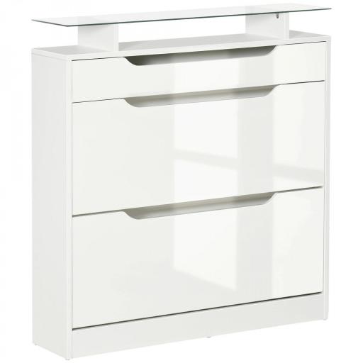 Mueble Zapatero de 2 Puertas Zapatero Estrecho para 16 Pares de Zapatos con Cajón Estante Abierto y Encimera de Vidrio para Pasillo Entrada 89x23x96 cm Blanco [7]
