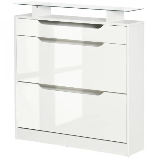 Mueble Zapatero de 2 Puertas Zapatero Estrecho para 16 Pares de Zapatos con Cajón Estante Abierto y Encimera de Vidrio para Pasillo Entrada 89x23x96 cm Blanco [8]
