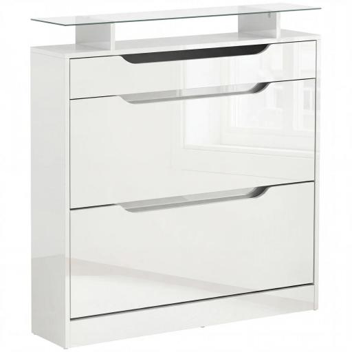 Mueble Zapatero de 2 Puertas Zapatero Estrecho para 16 Pares de Zapatos con Cajón Estante Abierto y Encimera de Vidrio para Pasillo Entrada 89x23x96 cm Blanco [9]