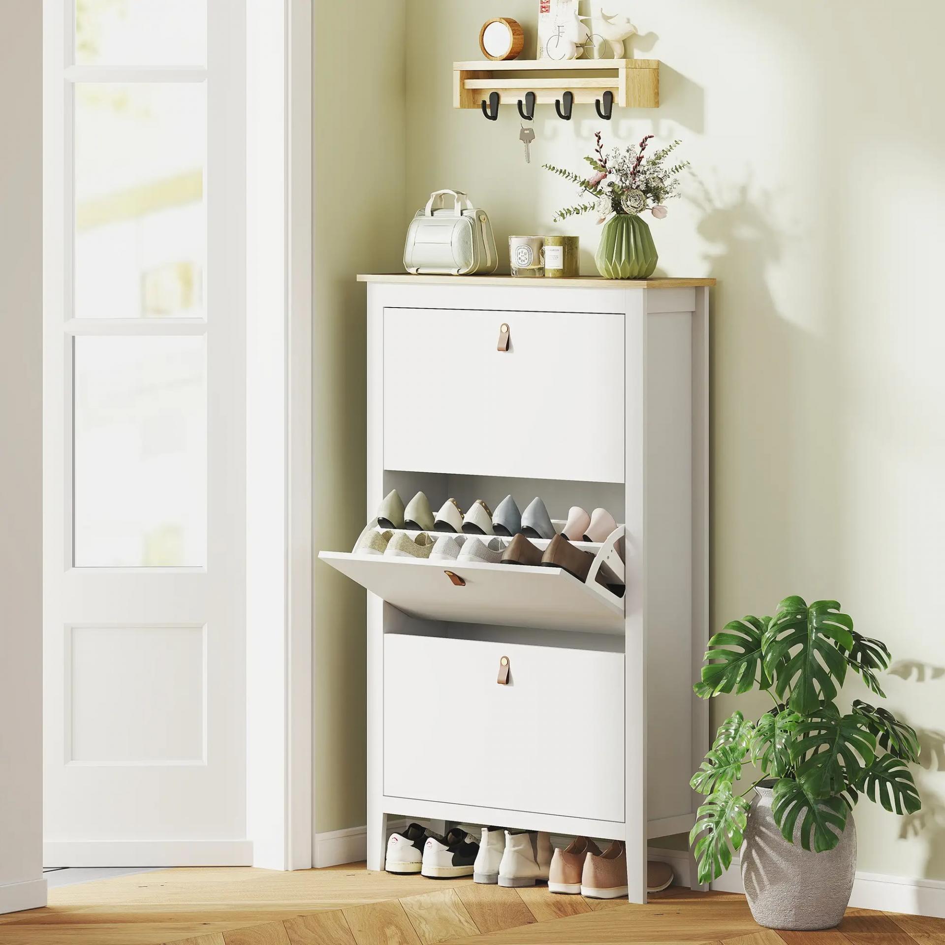 Zapatero Estrecho con 3 Compartimentos y Tiradores de Cuero PU para Pasillos y Recibidores 80x24x131 cm Blanco y Madera