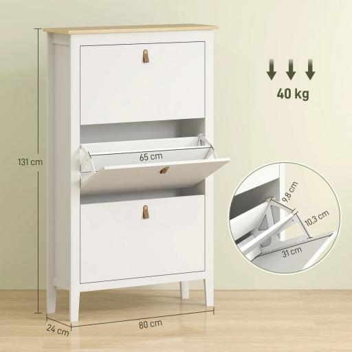 Zapatero Estrecho con 3 Compartimentos y Tiradores de Cuero PU para Pasillos y Recibidores 80x24x131 cm Blanco y Madera [1]