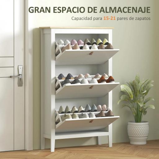 Zapatero Estrecho con 3 Compartimentos y Tiradores de Cuero PU para Pasillos y Recibidores 80x24x131 cm Blanco y Madera [2]