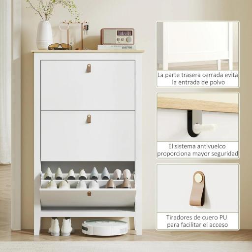 Zapatero Estrecho con 3 Compartimentos y Tiradores de Cuero PU para Pasillos y Recibidores 80x24x131 cm Blanco y Madera [5]