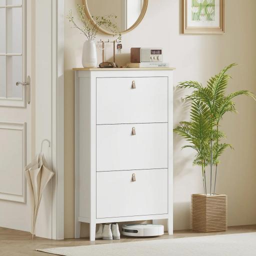 Zapatero Estrecho con 3 Compartimentos y Tiradores de Cuero PU para Pasillos y Recibidores 80x24x131 cm Blanco y Madera [3]