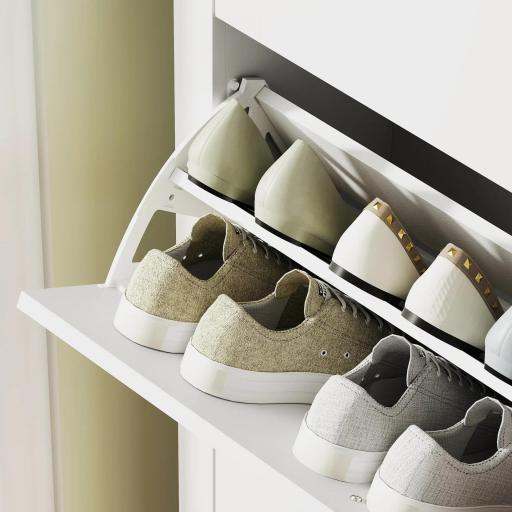 Zapatero Estrecho con 3 Compartimentos y Tiradores de Cuero PU para Pasillos y Recibidores 80x24x131 cm Blanco y Madera [7]