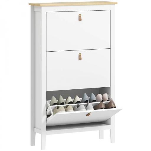 Zapatero Estrecho con 3 Compartimentos y Tiradores de Cuero PU para Pasillos y Recibidores 80x24x131 cm Blanco y Madera [9]