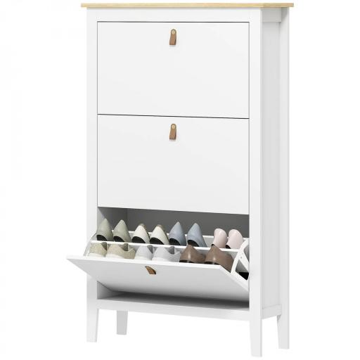 Zapatero Estrecho con 3 Compartimentos y Tiradores de Cuero PU para Pasillos y Recibidores 80x24x131 cm Blanco y Madera [8]