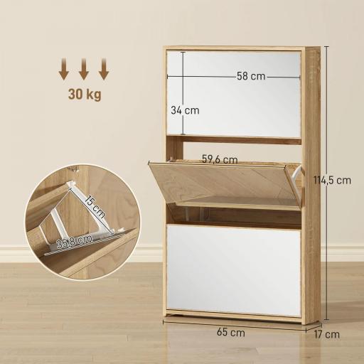 Zapatero Entrada Recibidor con 3 Puertas con Espejo Zapatero Estrecho para 9 Pares de Zapatos 65x17x114,5 cm Natural [5]