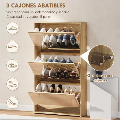 Zapatero Entrada Recibidor con 3 Puertas con Espejo Zapatero Estrecho para 9 Pares de Zapatos 65x17x114,5 cm Natural [3]