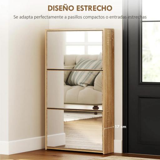 Zapatero Entrada Recibidor con 3 Puertas con Espejo Zapatero Estrecho para 9 Pares de Zapatos 65x17x114,5 cm Natural [1]