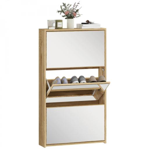Zapatero Entrada Recibidor con 3 Puertas con Espejo Zapatero Estrecho para 9 Pares de Zapatos 65x17x114,5 cm Natural [8]