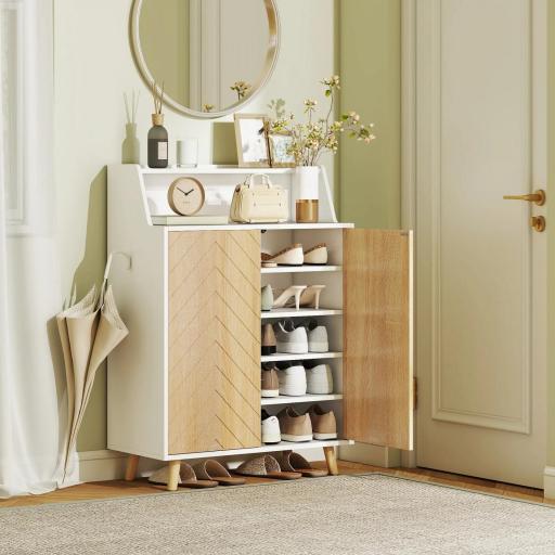 Zapatero Entrada Recibidor con 2 Puertas Estantes Ajustables y Compartimento Abierto 75x35x104 cm Blanco y Natural