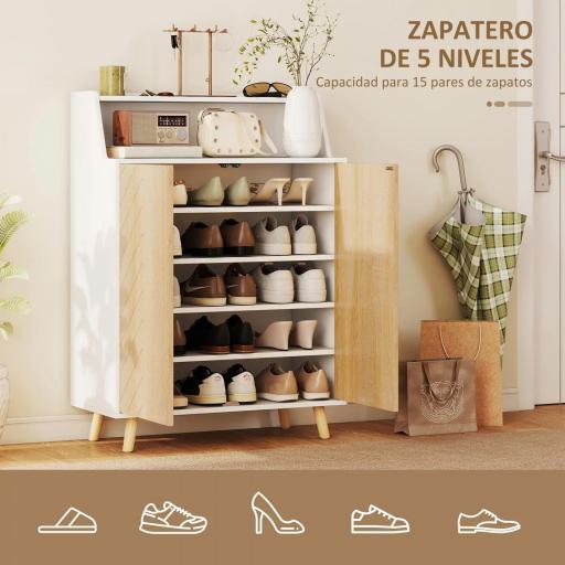 Zapatero Entrada Recibidor con 2 Puertas Estantes Ajustables y Compartimento Abierto 75x35x104 cm Blanco y Natural [6]