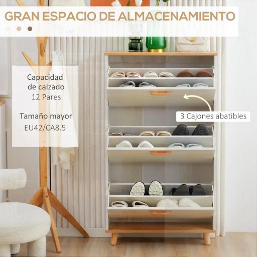 Zapatero Moderno con 3 Cajones Abatibles para 12 Pares de Zapatos para Pasillo Entrada 70x23,5x122 cm Blanco [3]