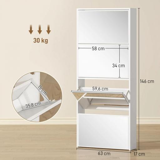 Zapatero Estrecho con Espejo y 4 Puertas Abatibles para 12 Pares de Zapatos 63x17x146 cm Blanco [1]