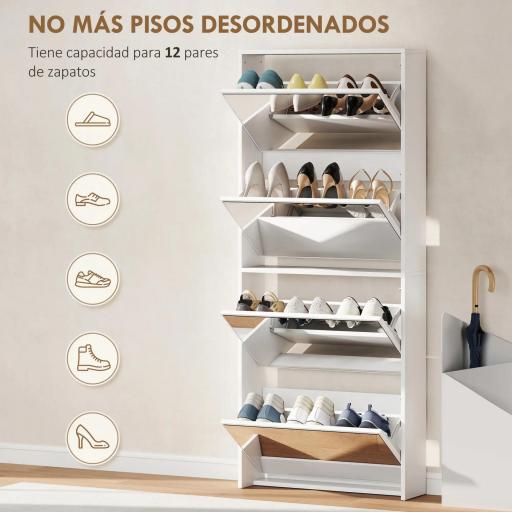 Zapatero Estrecho con Espejo y 4 Puertas Abatibles para 12 Pares de Zapatos 63x17x146 cm Blanco [2]