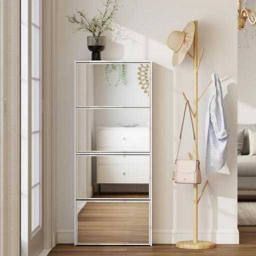 Zapatero Estrecho con Espejo y 4 Puertas Abatibles para 12 Pares de Zapatos 63x17x146 cm Blanco [5]