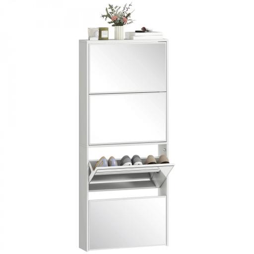 Zapatero Estrecho con Espejo y 4 Puertas Abatibles para 12 Pares de Zapatos 63x17x146 cm Blanco [9]