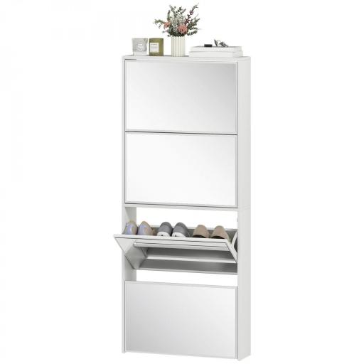 Zapatero Estrecho con Espejo y 4 Puertas Abatibles para 12 Pares de Zapatos 63x17x146 cm Blanco [8]