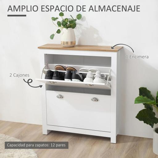 Zapatero de 2 Cajones para 12 Pares de Zapatos Mueble con Puertas Abatibles y Estante Ajustable 79x23x90,5 cm Blanco [2]