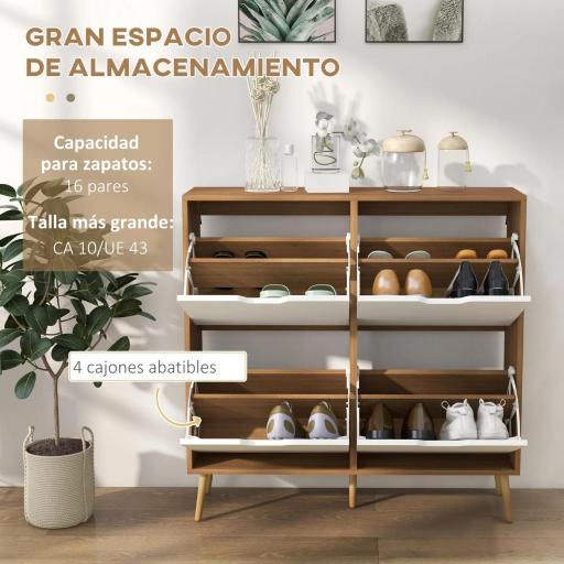 Mueble Zapatero con 4 Cajones Abatibles y Estantes Ajustables Armario de Zapatos para 16 Pares 95x26x95 cm Natural [2]