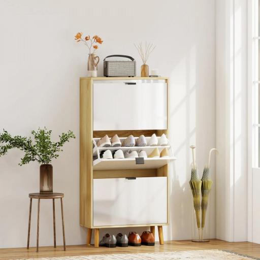 Zapatero Estrecho con 3 Puertas en Blanco Brillo Estantes Ajustables Patas de Madera para 18 Pares de Zapatos